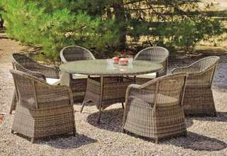 Set mesa ◯150 + 6 sillones de ratán [Amanda] de Hevea - Conjunto de ratán sintético color natural envejecido para jardín: mesa de 150 cm. con tapa de cristal templado + 6 sillones con cojines