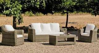 Set ratán: sofá 3p + 2 sillones + mesa [Amanda] de Hevea - Conjunto médula sintética tonos natural envejecido para jardín: sofá 3 plazas + 2 sillones + mesa de centro