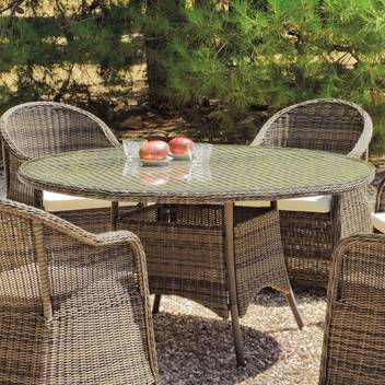 Mesa de comedor-jardín ◯150 de ratán [Amanda] de Hevea - Mesa redonda de 150 cm para jardín, de ratán sintético color natural envejecido