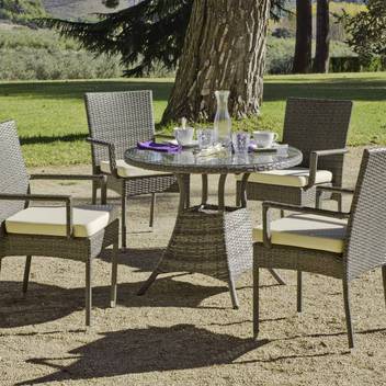 Conjunto mesa ◯90 + 4 sillones de ratán [Mali] de Hevea - Conjunto de ratán sintético color gris para jardín o terraza: mesa redonda de 90 cm. con tapa de cristal templado y 4 sillones apilables
