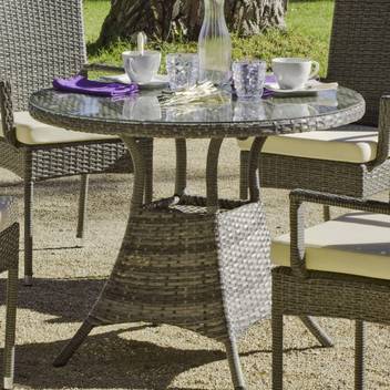 Mesa ◯90 de ratán sintético color gris [Mali] de Hevea - Mesa redonda de 90 cm para jardín, de ratán sintético color mix-gris, con tapa de cristal templado