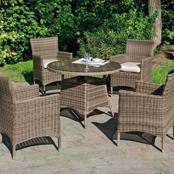 Mesa ◯100 ratán + 4 sillones c/cojín  [Borsalino] de Hevea - Conjunto de médula sintética calidad extra para jardín: mesa redonda de 100 cm. con tapa de cristal templado + 4 sillones con cojín