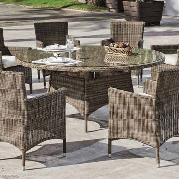 Mesa ◯170 ratán + 6 sillones c/cojín [Borsalino] de Hevea - Conjunto de médula sintética calidad extra para jardín: mesa redonda de 170 cm. con tapa de cristal templado + 6 sillones con cojín