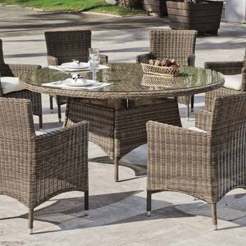 Set mesa ▯170 + 8 sillas de ratán [Borsalino] de Hevea - Conjunto de médula sintética calidad extra para jardín: mesa redonda de 170 cm. con tapa de cristal templado + 8 sillones con cojín