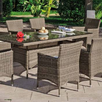 Set mesa ▯220 + 8 sillones de ratán  [Borsalino] de Hevea - Conjunto de médula sintética/ratán de calidad extra para jardín: mesa de 220 cm. con tapa de cristal templado + 8 sillones con cojín