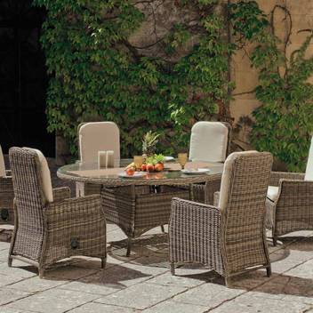 Mesa ◯170 ratán +6 sillones reclinable [Borsalino] de Hevea - Conjunto de médula sintética lujo para jardín: 1 mesa comedor 170Ø + 6 sillones multiposiciones reclinables + 6 cojines.