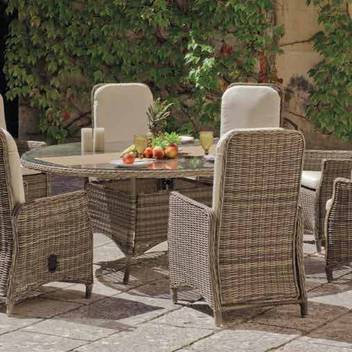 Mesa ◯170 ratán +8 sillones reclinable [Borsalino] de Hevea - Conjunto de médula sintética lujo para jardín: 1 mesa comedor 170Ø + 8 sillones multiposiciones + 8 cojines.