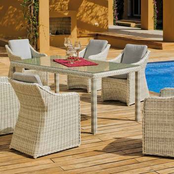 Set Médula Luxe Celebes 180 + 6 sillones de Hevea - Conjunto de jardín de médula lujo: 1 mesa comedor 180x100 cm + 6 sillones con cojines asiento y respaldo.