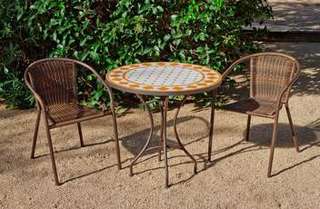 Conjunto Mosaico Salamanca-Brasil 70-4 de Hevea - Conjunto para jardín y terraza de forja: 1 mesa con panel mosaico + 4 sillones de wicker reforzado