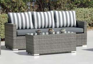 Sofá 3 plazas de ratán para jardín [Doha] de Hevea - Sofá 3 plazas para exterior de médula sintética color mix-gris, con cojines tapizados en dralón color gris