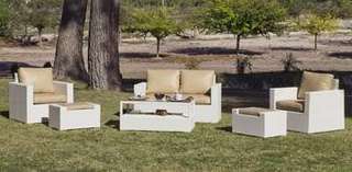 Sofá 2p + 2 sillones + taburetes de ratán [Tuscan] de Hevea - Conjunto de ratán sintético color blanco para jardín: sofá 2 plazas + 2 sillones + 2 reposapiés + mesa de centro
