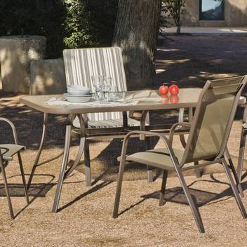 Mesa ▯150 de acero + 4 sillones textilen [Macao] de Hevea - Conjunto de acero color bronce para jardín: mesa de 150 cm con tapa de cristal templado + 4 sillones apilables de acero y textilen