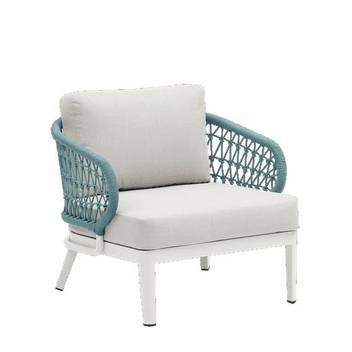 Sillón de aluminio y cuerda [Isabela] de Mooma - Sillón relax 1 plaza para exterior. Estructura de aluminio lacado en blanco recubierta de cuerda náutica redonda de color gris o verde. Cojines del asiento (12 cm) y respaldo (15 cm) en tejido waterproff de color gris claro.