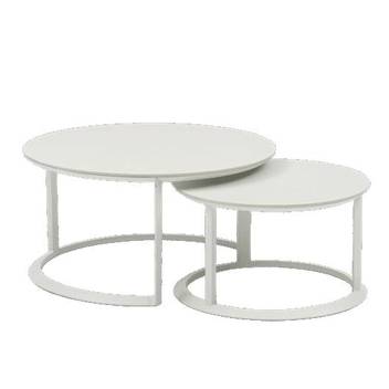 Set de 2 mesas de centro [Isabela] de Mooma - Juego de 2 mesas de centro redondas, de 80 y 60 cm de diámetro, para exterior. Estructura de aluminio color blanco y top de la mesa de piedra sinterizada color beige claro.