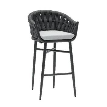 Sillón bar aluminio y cuerda [Meridian] de Mooma - Sillón para barra de bar de exterior. Estructura de aluminio lacado en blanco o antracita recubierta de cuerda náutica de color greige o antracita. Cojín asiento (5 cm) en tejido olefina de color greige claro o gris medio.