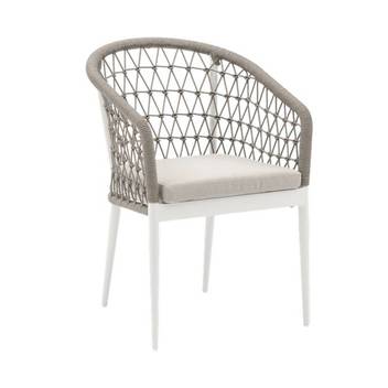 Silla comedor aluminio y cuerda [Nelayan] de Mooma - Silla de comedor apilable para jardín y terraza. Estructura de aluminio lacado en blanco recubierta de cuerda náutica redonda de 6 mm color greige o aqua. Cojín del asiento (5 cm) en tejido olefina de color greige claro o gris claro.