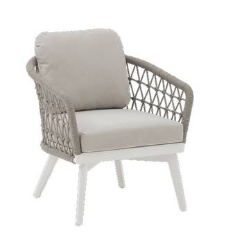 Sillón de aluminio y cuerda [Nelayan] de Mooma - Sillón relax 1 plaza para exterior. Estructura de aluminio lacado en blanco recubierta de cuerda náutica redonda de 8 mm de color greige o aqua. Cojines del asiento (12 cm) y respaldo (15 cm) en tejido olefina de color greige claro o gris claro.