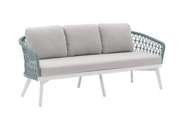 Sofá 3 plazas aluminio y cuerda [Neleyan] de Mooma - Sofá 3 plazas para exterior. Estructura de aluminio lacado en blanco recubierta de cuerda náutica redonda de 8 mm de color greige o aqua. Cojines del asiento (12 cm) y respaldo (15 cm) en tejido olefina de color greige claro o gris claro.