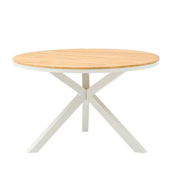 Mesa ◯120 de aluminio y teca [Sidney] de Mooma - Mesa de comedor redonda, de 120 cm de diámetro, para jardín y terraza. Estructura de aluminio color blanco o antracita y top de teca.