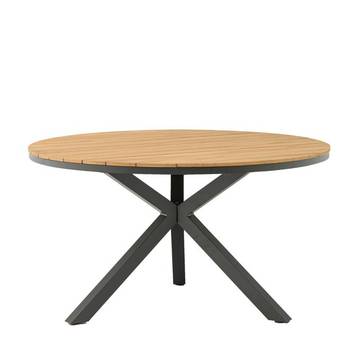 Mesa ◯150 de aluminio y teca [Sidney] de Mooma - Mesa de comedor redonda, de 150 cm de diámetro, para jardín y terraza. Estructura de aluminio color blanco o antracita y top de teca.