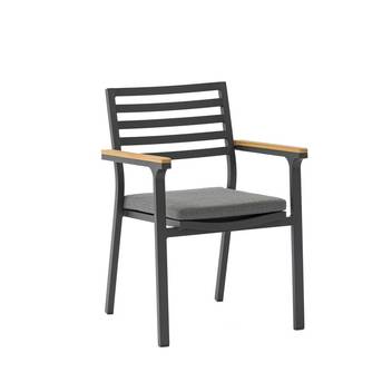 Sillón comedor de aluminio y teca [Broome] de Mooma - Sillón de comedor apilable para exterior. Estructura de aluminio lacado en blanco o antracita con brazos terminación superior en madera de teca. Cojín de asiento de 4 cm color gris.
