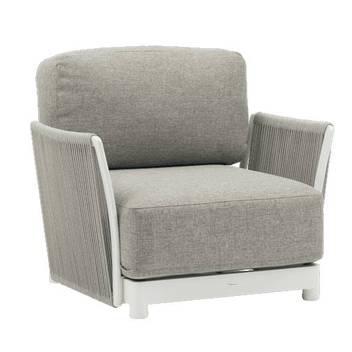 Sillón de aluminio y cuerda [Silai] de Mooma - Sillón relax ultra cómodo para exterior. Estructura de aluminio lacado en blanco recubierta de cuerda náutica redonda de 8 mm de color gris medio. Cojines del asiento (30 cm) y respaldo (15 cm) en tejido olefina de color gris medio.
