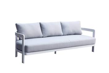 Sofá 3 plazas de exterior [Babylon] de Mooma - Sofá 3 plazas para jardín y terraza. Estructura en aluminio lacado en blanco. Cojinería de asiento (18 cm) y respaldo (15 cm) en olefina color gris medio.