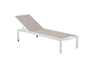 Tumbona/cama alumino y textilene [Bangor] de Mooma - Tumbona/cama para exterior. Estructura de aluminio lacado en blanco, antracita o taupe. Asiento y respaldo en textilene color blanco, gris claro, taupe o antracita. Con ruedas de transporte y respaldo multiposición.