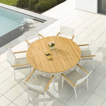 Mesa ◯150 de aluminio y teca [Sidney] de Mooma - Mesa de comedor redonda, de 150 cm de diámetro, para jardín y terraza. Estructura de aluminio color blanco o antracita y top de teca.
