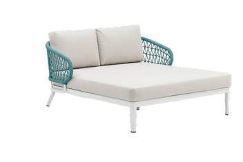 Sofá cama aluminio y cuerda [Isabela] de Mooma - Cómodo sofá-cama 2 plazas para exterior. Estructura de aluminio lacado en blanco recubierta de cuerda náutica redonda de color gris o verde. Cojines del asiento (12 cm) y respaldo (15 cm) en tejido waterproff de color gris claro.