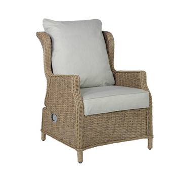 Butaca reclinable de ratán [Oregón] de Mooma - Butaca relax de aluminio lacado y ratán sintético. Incluye cojín asiento de 12 cm y respaldo de 20 cm color gris. Respaldo multiposición con sistema hidráulico.
