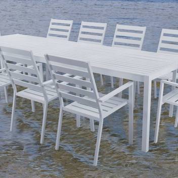 Set mesa ▯300 + 10 sillones de aluminio [Palma] de Hevea - Conjunto para jardín: Mesa rectangular de aluminio 300 cm. con tablero lamas de aluminio + 10 sillones. Disponible en color blanco, antracita, champagne, plata, marrón o nude.