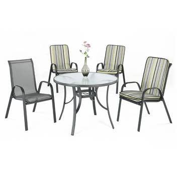 Conjunto mesa ◯105 + 4 sillones de acero [Sulam] de Hevea - Conjunto de acero color antracita, para jardín o terraza: mesa redonda de 105 cm, con tapa de cristal templado + 4 sillones apilables de acero y textilen