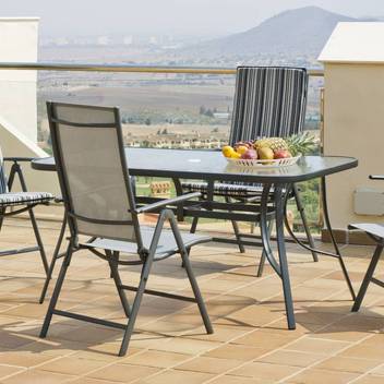 Mesa ▯150 de acero + 4 tumbonas textilen [Sulam] de Hevea - Conjunto de acero color antracita para jardín: mesa de 150 cm. Con tapa de cristal templado + 4 tumbonas plegables multiposiciones