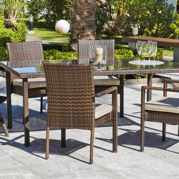 Mesa de comedor-jardín ▯180 de ratán [Bahía] de Hevea - Mesa de 180 cm. de ratán sintético color marrón, para jardín o terraza, con tapa de cristal templado