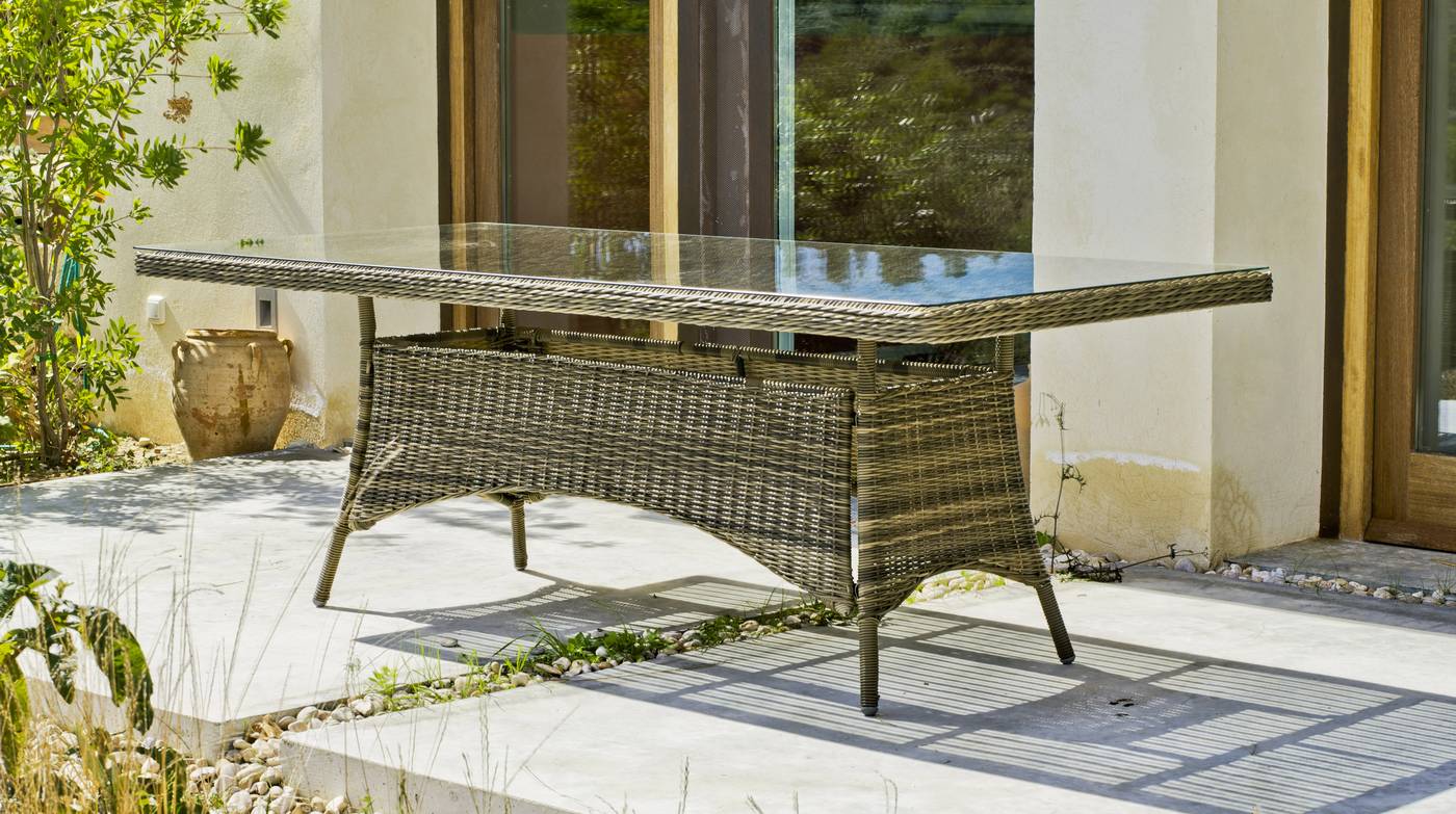 Set Ratán Borsalino 20-220-8 - Conjunto de médula sintética calidad extra: mesa de 220 cm. con tapa de cristal templado + 8 sillas con cojín