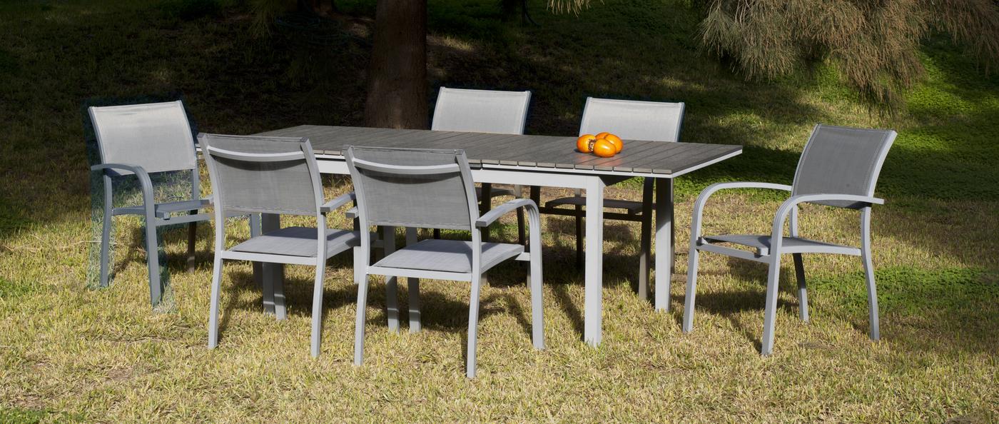 Conjunto Aluminio Denis-Amberes - Conjunto de aluminio color plata: mesa extensible 150-200 cm. con tablero poliwood + 6 sillones de alumino y textilen