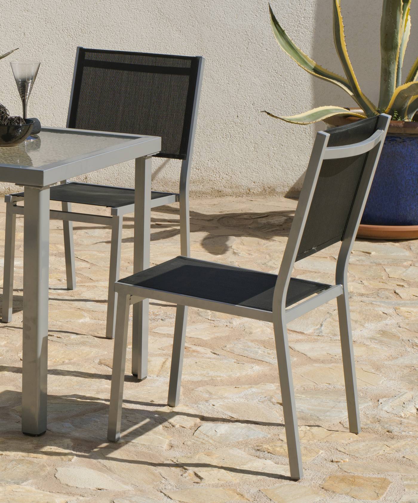 Set Aluminio Baltimore-130 - Conjunto de aluminio color plata: mesa rectangular de 130 cm. y 4 sillas de aluminio y textilen