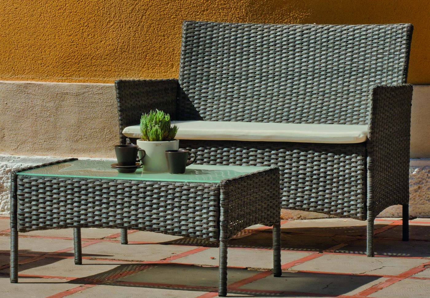 Conjunto Ratán Sintético Calibú - Conjunto huitex color mix-gris: sofá 2 plazas + 2 sillones + mesa de centro
