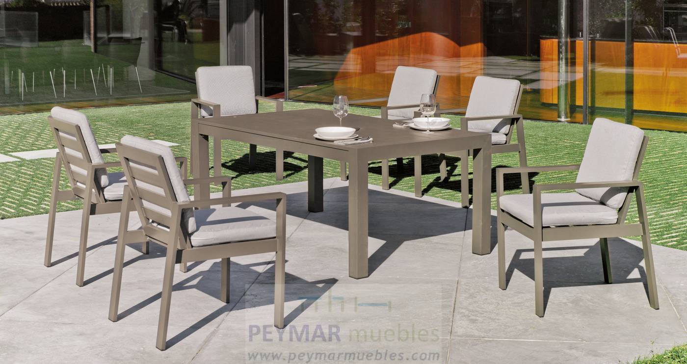 Set Aluminio Camelia-180/6 - Lujoso conjunto de alumino: Mesa de comedor de 180cm. + 6 sillones + cojines. Disponible en color blanco, antracita, champagne, plata o marrón