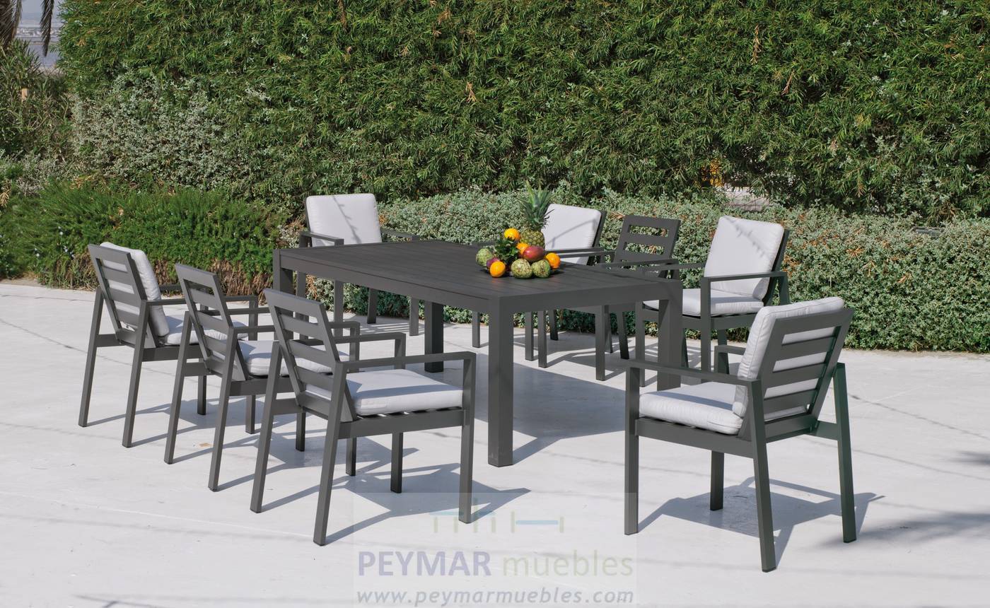 Set Aluminio Camelia-220/8 - Lujoso conjunto de alumino: Mesa de comedor de 220cm. + 8 sillones + cojines. Disponible en color blanco, antracita, champagne, plata o marrón