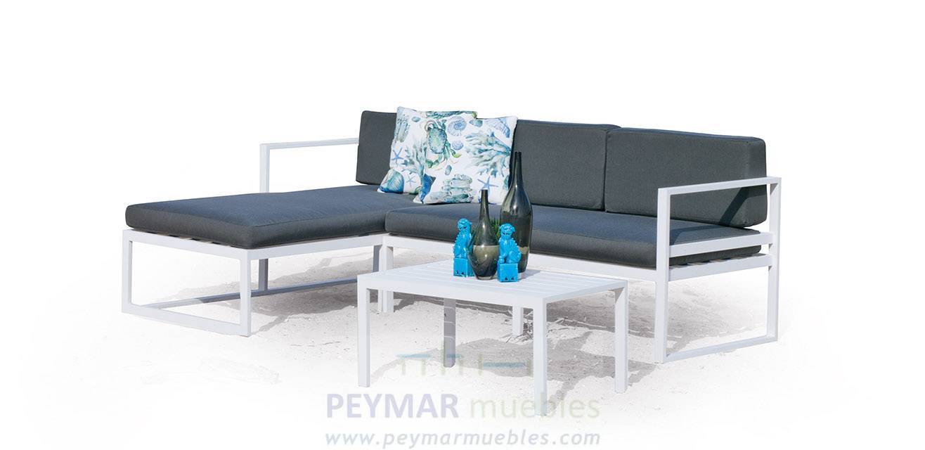 Conjunto aluminio : Chaiselonge 3 plazas + 1 mesa de centro. Disponible en color blanco, antracita, champagne, plata o marrón.