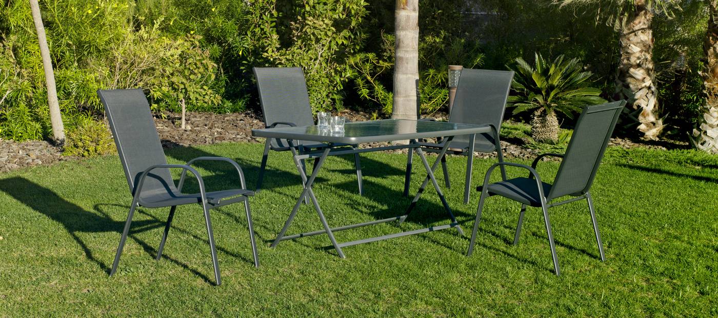 Set Acero Cordoba-Sulam 140-4 - Conjunto de acero color antracita: mesa de 150 cm. Con tapa de cristal templado + 4 sillones de acero y textilen
