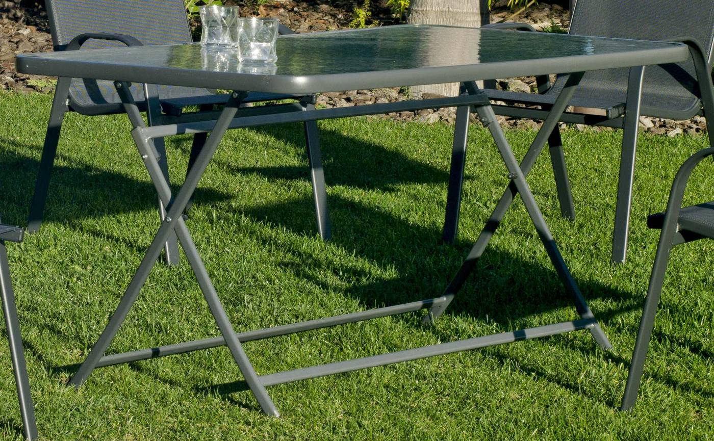 Set Acero Cordoba-Sulam 140-4 - Conjunto de acero color antracita: mesa de 150 cm. Con tapa de cristal templado + 4 sillones de acero y textilen