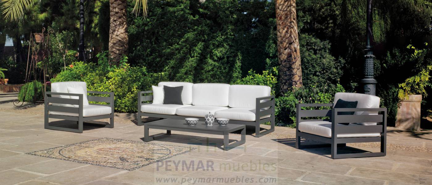 Set Aluminio Luxe Cosmos-10 - Conjunto lujo de aluminio color blanco, antracita, champagne, plata o marrón: 1 sofá de 3 plazas + 2 sillones + 1 mesa de centro + 2 taburetes.