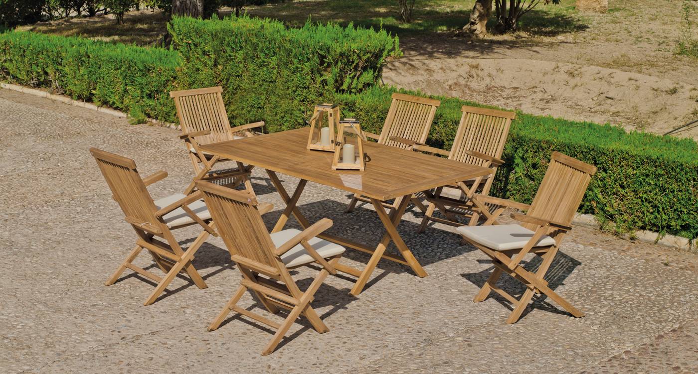 Conjunto de jardín: mesa de madera de teka, plegable de 170 cm y 6 sillones con cojín asiento