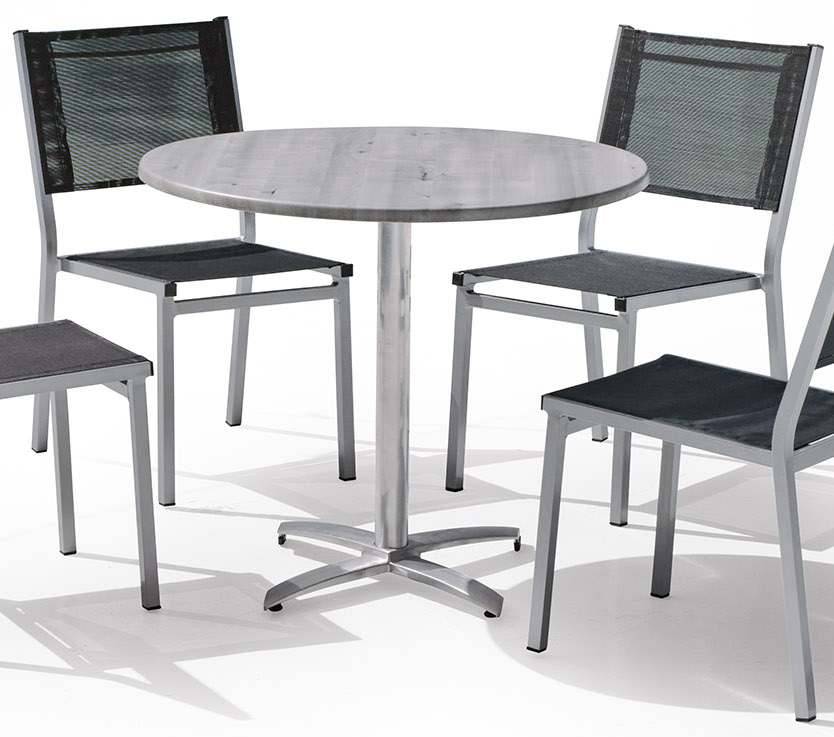 Mesa redonda de 90 cm., estructura y pie de aluminio y tablero de heverzaplus gris imitación mármol