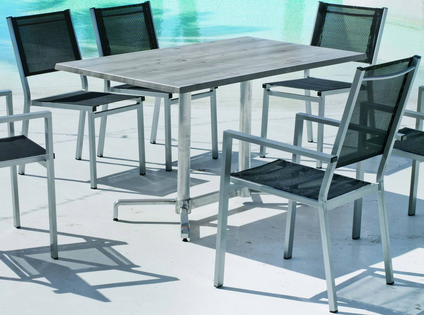 Set Aluminio Lieja/Roma-140/6 - Conjunto aluminio: mesa rectangular de 140 cm. con tablero de heverzaplus y 6 sillones de aluminio color plata y textilen color gris