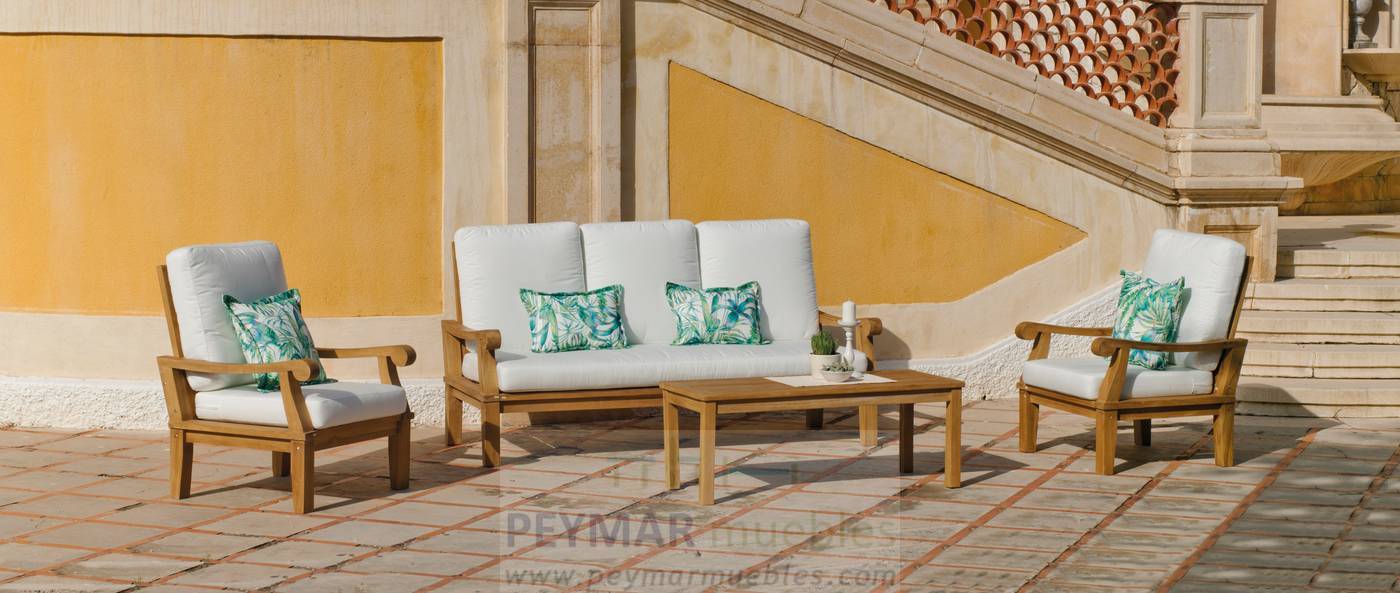 Conjunto de jardín de madera de teka: Sofá de 3 plazas + 2 sillones + mesa de centro + cojines