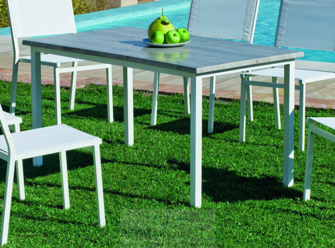 Set Aluminio Margot/Sion-120/6 - Conjunto aluminio color blanco, plata o antracita: mesa rectangular 120 cm. Con tablero de heverzaplus y 6 sillas de aluminio y textilen